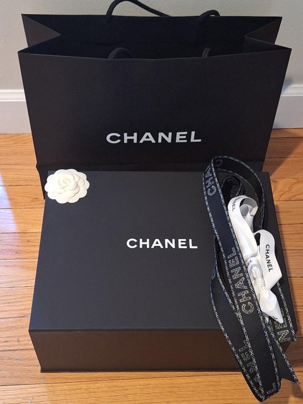 CHANEL Gift Box, 2 Chanel Shopping Bags, 4.5' White Ribbon, 9.5' Black Ribbon